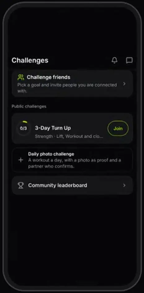 The SLOE Fit Challenges screen listing a 3-day challenge and a daily photo challenge.