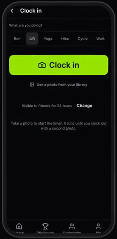 The SLOE Fit clock-in screen with a lime Clock in button and a row of workout types.