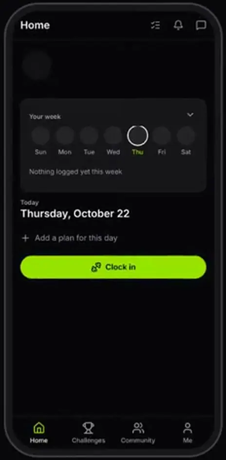 The SLOE Fit home screen showing the week as a row of days above a Clock in button.